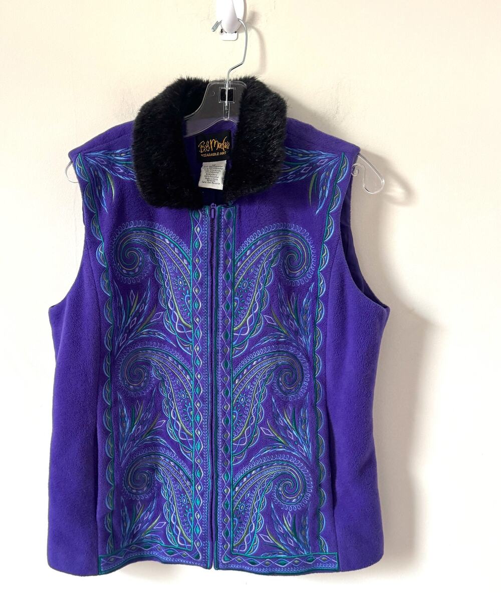 Bob Mackie Vintage Embroidered Paisly Motif Faux Fur Collar Vest Purple Medium